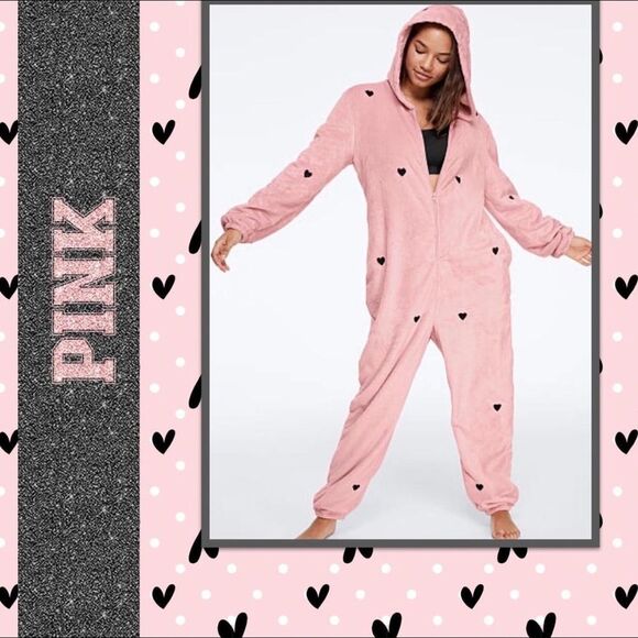 Victorias Secret Pink TEDDY SLEEP Long Jane Romper One Piece Pajama - Picture 1 of 9